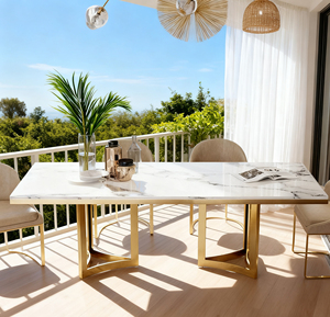 Bộ bàn ăn hiện đại sang trọng bằng thép không gỉ mạ vàng với mặt bàn bằng đá cẩm thạch dành cho phòng ăn - Product Image 3