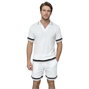 Men's Summer Two-Piece <b>Set</b> White Polo Shirt With Shorts Breathable <b>Knitted</b> Cotton Casual Wear - Product Image 1