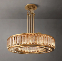 Lámpara de Techo de Estilo Clásico Americano, Diseño de Doble Anillo Negro, Cristal K9 y Cobre, para Sala de Estar o Villa