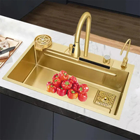 Évier de cuisine intelligent de luxe moderne noir en acier inoxydable 304 fait main, à montage sous plan, à cuve unique, multifonctionnel, avec cascade dorée