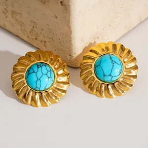 18K gold stainless steel blue natural stone round irregular shape gold plated fashion personality exaggerated earrings