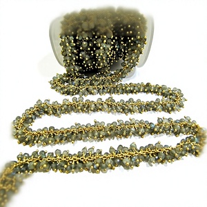 Brass Labradorite Rondelle Micro Faceted 3mm Beaded Dangling Cluster <b>Wire</b>-Wrapped Rosary Chain - Product Image 1