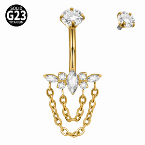 Nouvelles bagues de nombril incurvées en titane ASTM F136 plaqué zircon marquise avec chaîne, filetage interne - Product Image 4