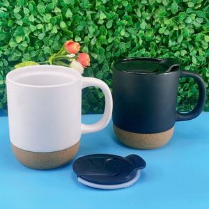 Mug à café en céramique personnalisé avec logo promotionnel, base en liège, poignée en bois, couvercle, finition mate blanche - Product Image 6