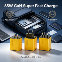 Chargeur mural GaN 65W en promotion avec câble Type C rétractable intégré, affichage numérique intelligent, 3 ports PD QC, charge rapide, prises US EU UK