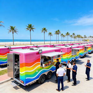 รถเข็นขายอาหารเคลื่อนที่ทรงสี่เหลี่ยมลายคลื่นสีรุ้ง พร้อมล้อคู่ สำหรับขายอาหารและเครื่องดื่มริมชายหาด - Product Image 1