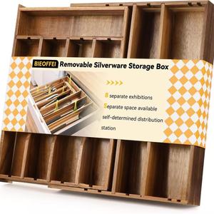 Organisateur de tiroir de cuisine extensible en bois pour baguettes, cuillères, couteaux, fourchettes, tiroirs de rangement rectangulaires - Product Image 2