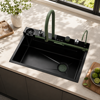 Set Wastafel Dapur Modern Hijau Pintar dari Baja Tahan Karat dengan Keran Air Terjun dan Panel Kontrol Tujuh Fungsi