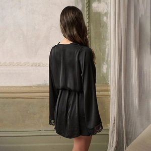 Robe en soie pour femmes avec garniture en dentelle, vêtements de nuit courts à nouer, vêtements décontractés pour la maison - Product Image 2