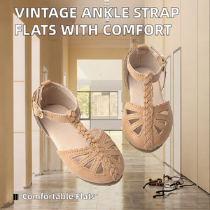 Sandales plates vintage pour femmes, à découpes, avec bride à la cheville, aspect cuir, bout fermé, antidérapantes, pour le quotidien et le bureau - Product Image 2