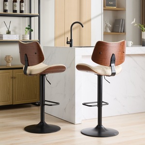 Walnut Bentwood <b>Bar</b> <b>Stools</b> Mid Century Modern <b>Adjustable</b> Counter Height Black Leather Upholstered 360Swivel Home <b>Bar</b> Hotel Set 2 - Product Image 6