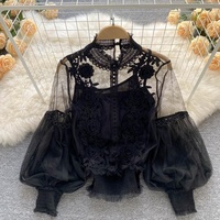 Fleurs stéréoscopiques manches lanterne en maille transparente hauts courts minces chemise en dentelle pour femmes