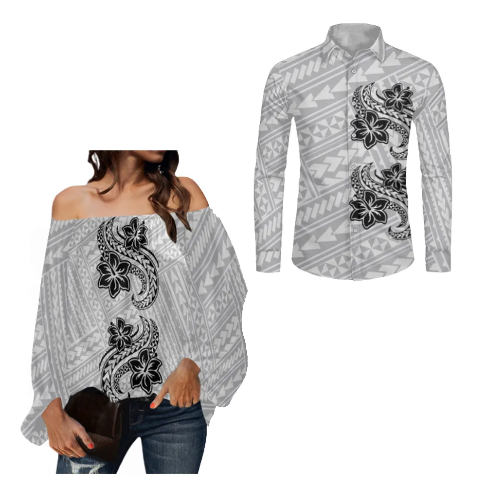 Blusa de gasa con manga acampanada para hombre y mujer, camisa de talla grande con estampado de tatuaje polinesiano para parejas, color gris