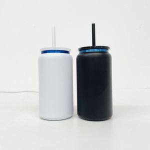 <b>Double</b> <b>Walled</b> Blue Underneath 16oz Vacuum Stainless Steel Can <b>Cups</b> with clear Plastic Straws for Laser Engrave - Product Image 2