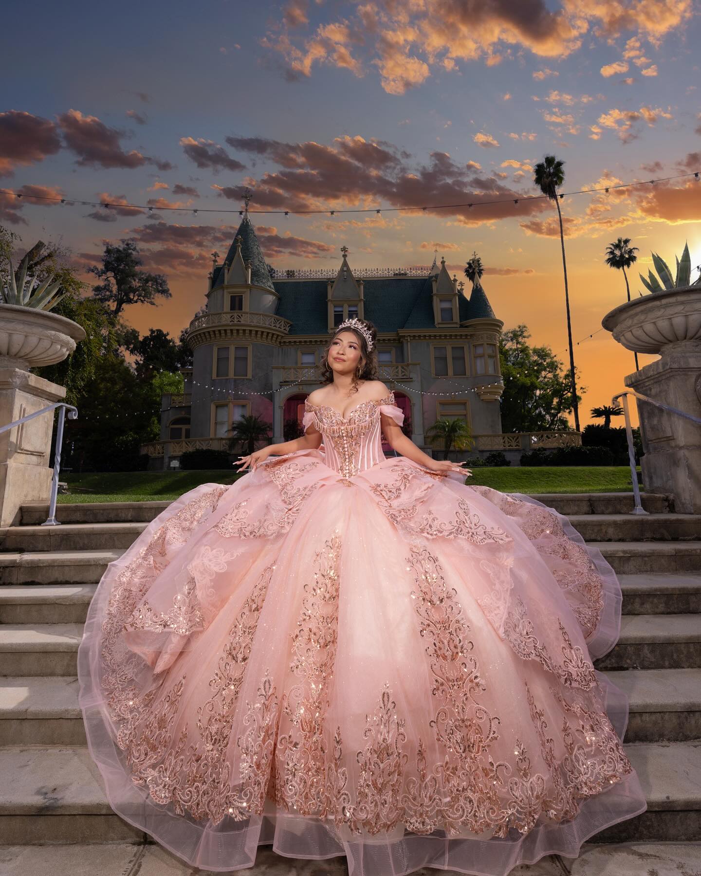 Rose Gold Color Dress - Pageant Gown with Sequins & Long Sleeves