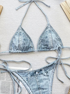 Xuanlang - Conjunto de Bikini de 2 Piezas con Estampado Vaquero, Cuello Halter, Push-Up y Tanga, de Secado Rápido, con Lazo, para Mujer - Product Image 4