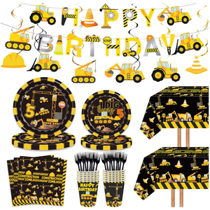 Articles de fête d'anniversaire sur le thème de la construction : Camion, Excavatrice, Bannières, Guirlandes, Assiettes, Gobelets, Serviettes, Nappe, <span class=keywords><strong>Couverts</strong></span> et Vaisselle - Product Image 1