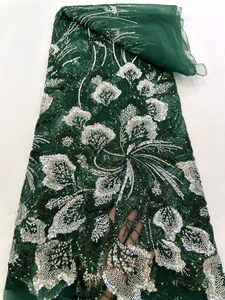 Tissu en dentelle tissée classique vert forêt mélangé argenté, lourdement perlé, motif floral, pour robe de mariée, robe de soirée XL7829 - Product Image 5