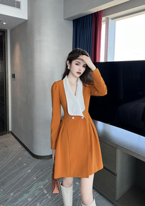 Mini abito Casual <span class=keywords><strong>arancione</strong></span> a tinta unita da donna con colletto rovesciato abito corto da cerimonia arricciato - Product Image 3