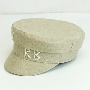 Hemp Hats Recycled Hat Female Autumn and Winter New Linen RB Pearl Embroidery Flat Top Navy Fashion Duck Tongue Newsboy