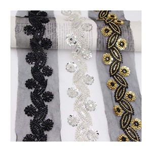 Tela de Encaje Bordado con Malla Negra y Blanca, Tela para Coser Ropa, Adorno de Cuentas de Cristal, Adorno de Lentejuelas con Flores para Disfraces - Product Image 1