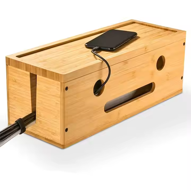 Bamboo and Wood Customization Handmade Natural Color Wholesale Cable Management Box with Wooden Lid No Reviews yet
