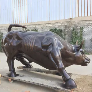 Famoso diseño al aire libre pared calle decoración cera perdida fundición tamaño real estatua de toro de latón antiguo
