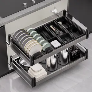 Sheenway Hot Bán Organizer nhôm và kính ngăn kéo 2 Tier tủ bếp kéo ra giỏ