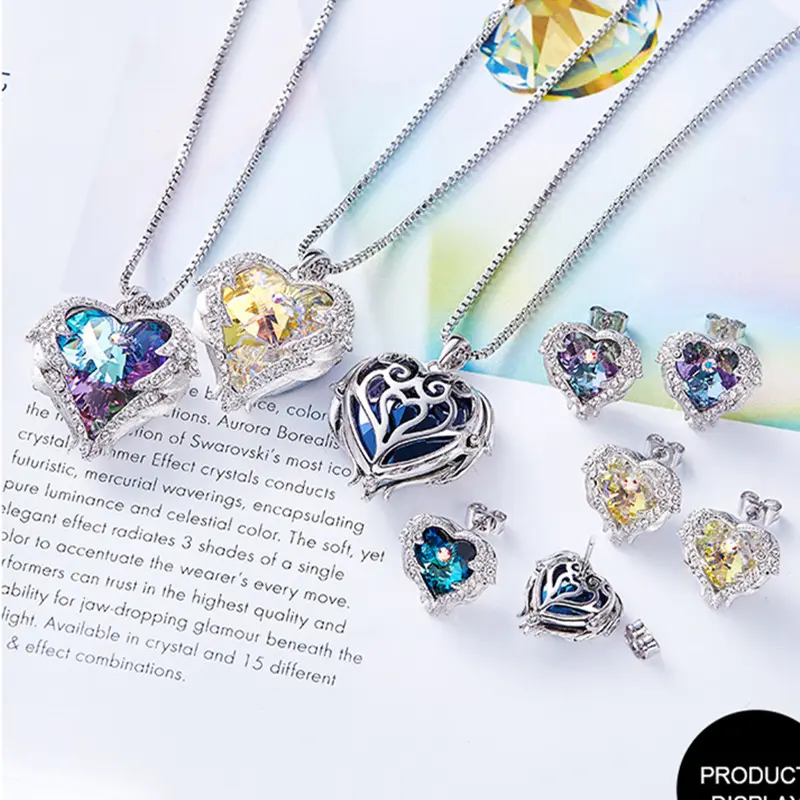 XL22763 Angel Wing Love Ocean Heart Color Crystal Necklaces Earrings Women Mom Bridal Luxury Fashion Jewelry Sets Wedding Gifts