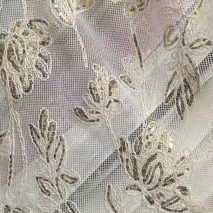 Tessuto in Rete con Paillettes, Tessuto in Pizzo Floreale 3D con Paillettes, Tessuto in <span class=keywords><strong>Tulle</strong></span> <span class=keywords><strong>Ricamato</strong></span> con Paillettes Dorate per Abiti da Sposa - Product Image 3