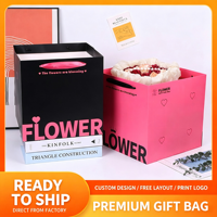 Sac cadeau en papier pour bouquet de fleurs carré avec poignée, logo imprimé personnalisé, emballage cadeau, sac fourre-tout en papier pour fleuriste