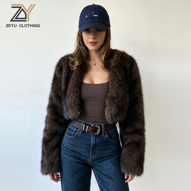 Zeyu 2026 New Women's Chocolate Brown Faux Fur Coat Ultra Short Cropped Open Front Fluffy Warm Club Party Winter Jacket ODM/OEM