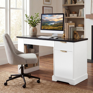 Modern Solid Wood Fluted Office <b>Desk</b> Storage Cabinet <b>Drawers</b> Eco-Friendly Adjustable Height <b>Computer</b> Writing <b>Desk</b> Power Outlet - Product Image 2