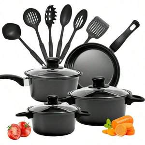 13 Piece Nonstick Kitchenware Set Induction Pots and Spoons Kit Black Frying Pan & Milk Pot for Family Dinner & Camping - Product Image 1