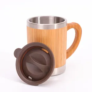 LOGO kustom yang dapat digunakan kembali mug kopi bambu besi tahan karat dinding ganda mug kantor terisolasi perjalanan