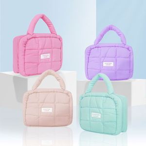 Custom Logo Quilted Makeup <b>Bag</b> with Handle Portable Cosmetic Organizer <b>Bag</b> with <b>Clear</b> Pocket for <b>Travel</b> - Product Image 1