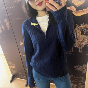 कढ़ाई वाले लोगो बुना हुआ आधा ज़िप मॉक गर्दन केबल बुना हुआ सेक्सी सेक्सी स्टाइल महिला स्वेटर - Product Image 5