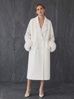 Manteau long en laine de luxe pour femme, blanc uni, à double boutonnage, avec revers en polaire et manchette en fourrure de renard amovible