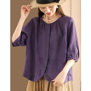 Women's Green Linen Shirt Loose Round Neck Button Front Summer Blouse Casual Everyday Wear - Product Image 3