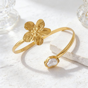 Gold Plated Flower <b>Cuff</b> Bracelet With Pearl Women's Bohemia Style Adjustable <b>Arm</b> Band Jewelry - Product Image 3
