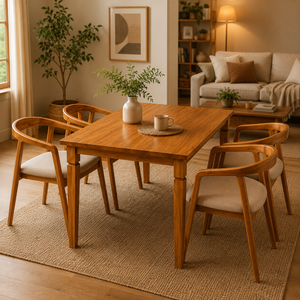 Japandi Teak Wood <b>Dining</b> Table Set with Upholstered <b>Armchairs</b> Premium Indoor Furniture for Villa Cafe and Apartment - Product Image 6