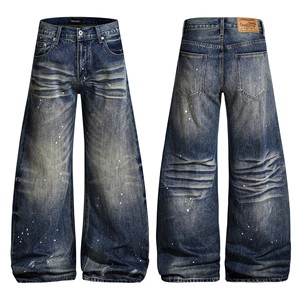 Vaqueros de mezclilla vintage lavados de tiro medio con textura efecto bigotes de gato, diseño de salpicaduras de tinta, para hombre y <span class=keywords><strong>mujer</strong></span>, otoño/<span class=keywords><strong>invierno</strong></span>/primavera/verano, de secado rápido. - Product Image 1