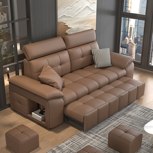 Sofá <span class=keywords><strong>Cama</strong></span> Extraíble de Cuero Italiano con Taburetes Ocultos, Sofá <span class=keywords><strong>Cama</strong></span> para Sala de Estar, Venta al por Mayor, Sofá <span class=keywords><strong>Cama</strong></span> Moderno Marrón de Alta Gama - Product Image 1
