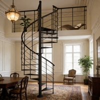 Escalier en colimaçon intérieur au design moderne avec rampe en câble brossé et marches en bois pour villa, duplex, maison, durable
