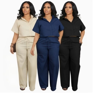 Camicia da <span class=keywords><strong>donna</strong></span> estiva in <span class=keywords><strong>lino</strong></span> e Set di pantaloni sportivi leggeri - Product Image 1