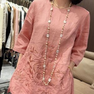Solid Color Embroidery Three Quarter Sleeve Top Women's Suit Summer New Chinese Style Wide Leg Pants Two Piece Set - Product Image 4