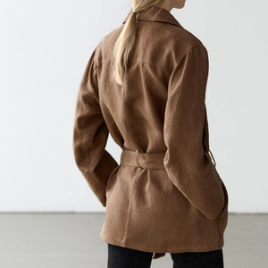 Chemise-veste décontractée pour femme en mélange de lin marron, coupe ample, avec ceinture, poches, respirante, pour l'été, usage quotidien, bureau - Product Image 4