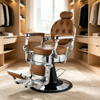 Fauteuil de Barbier Vintage Marron avec Cadre Gravé, Équipement de Coiffure Robuste et Inclinable pour Salon