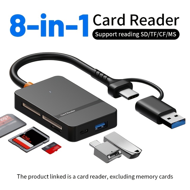 8-in-1 Card Reader, Multi-Function High-Speed USB+Type C Dual Interface Card Reader, Compatible with SD/TF/CF/MS Cards