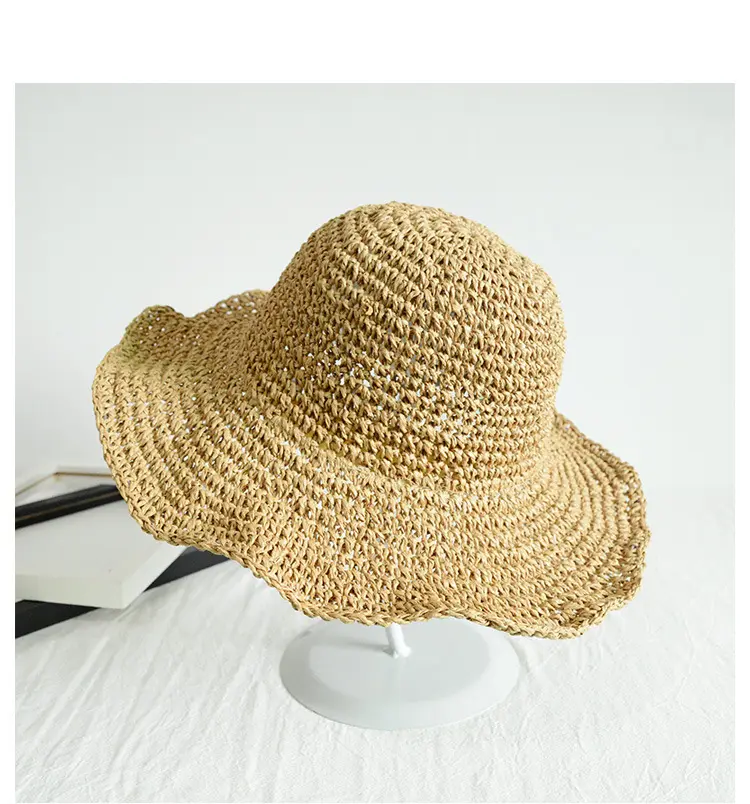 Özel Logo UV koruma tığ katlanabilir Packable disket yaz plaj geniş ağız bayan kadın güneşlik kağıt hasır şapka